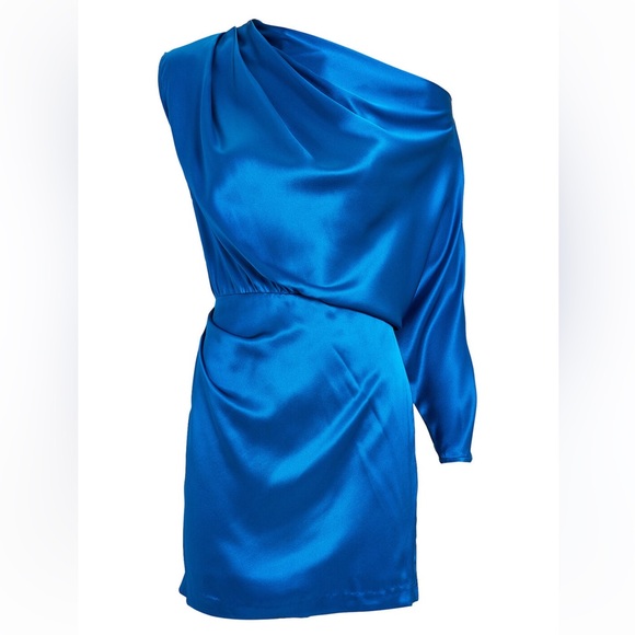 MICHELLE MASON Silk Charmeuse One-Shoulder Sleeve Blue Mini Dress 6 - Picture 5 of 10